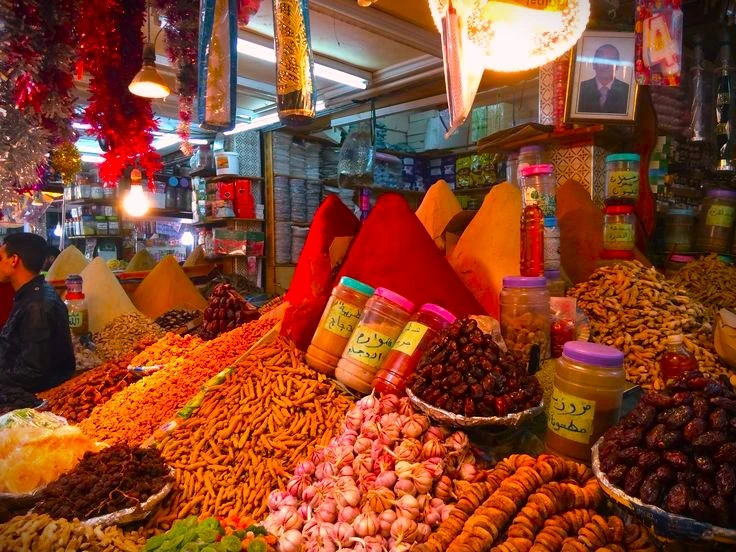 Leather bags and accessories during Christmas shopping in Marrakech souks