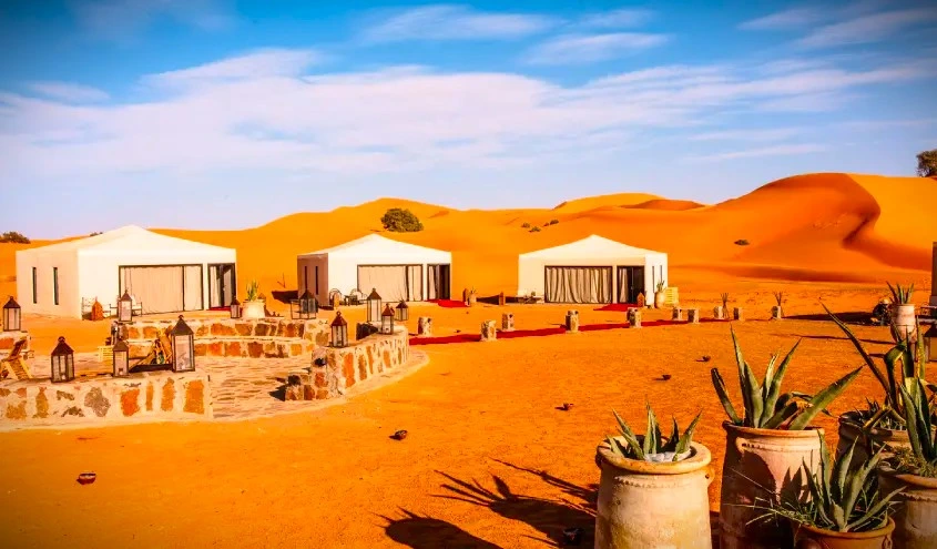 Luxury desert camp set up for Desert tours Morocco in winter